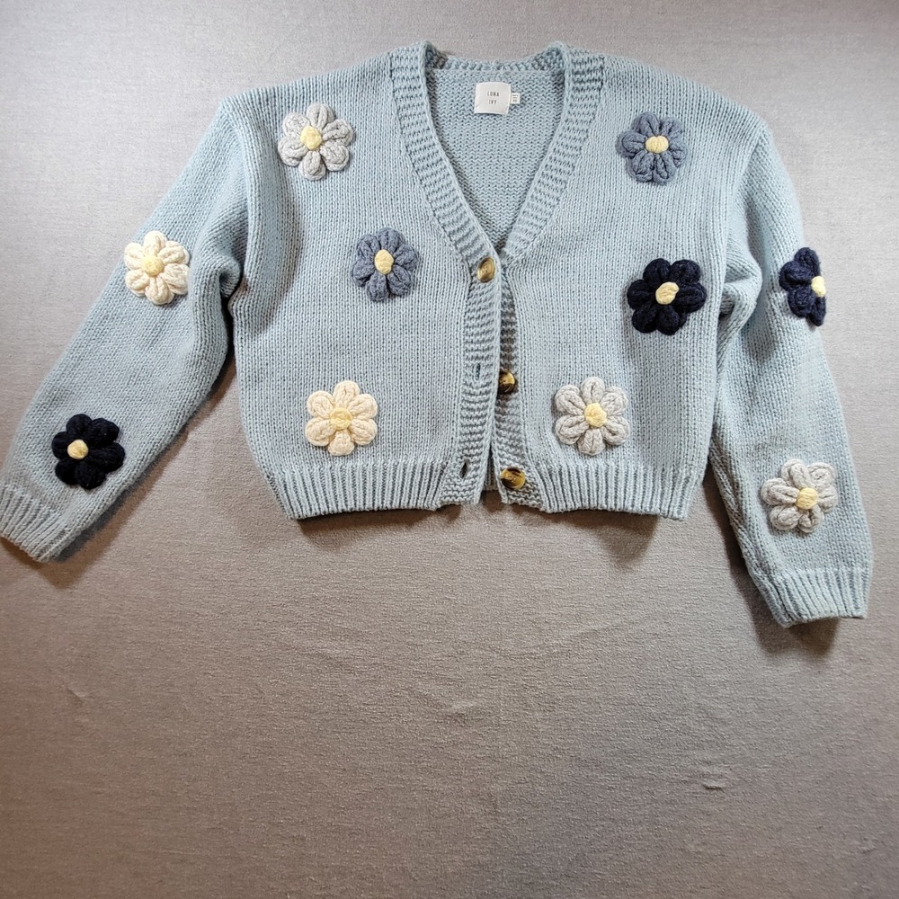 Luna Ivy Floral Cardigan Women XS Blue Excellent 3D Crochet Flower Chunky Knit